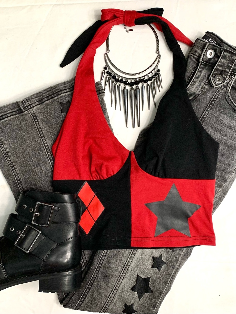 NWT Harley Quinn Women's Two Tone Argyle And Star Print Bustier Halter Top- XS